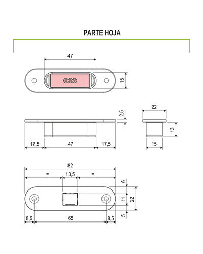 Kit AGB Easy-Touch madera-madera – plano de la parte hoja y polaridad inversa, acabado no representado