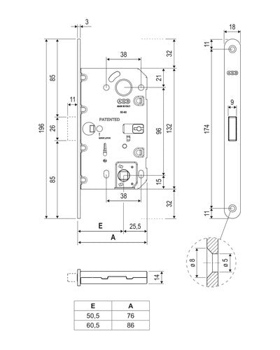 Picaporte AGB Polaris Wave baño – plano acotado de la familia, acabado no representado