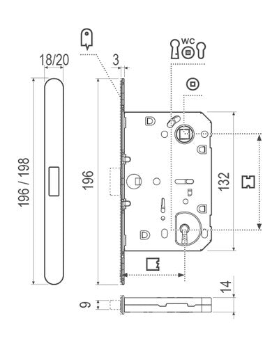 Picaporte AGB Revolution XT – esquema general de dimensiones; consultar catálogo técnico para mecanizar