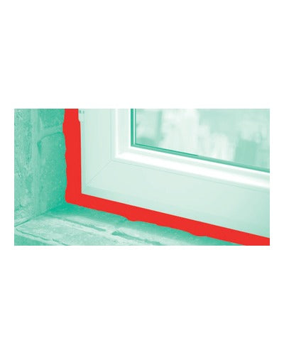 Espuma Penosil PU-00p flexible – esquema oficial de aplicación en ventana; junta resaltada en rojo