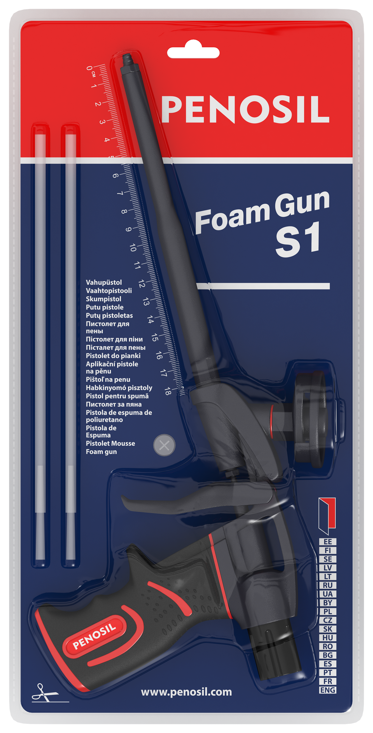 Pistola Penosil FoamGun S1 en su presentación de blíster, imagen oficial del fabricante