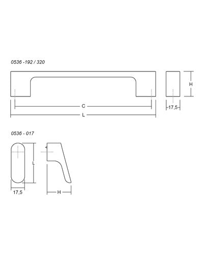 Tirador Viefe Luv 0536 320 mm entre ejes — Latón cava cepillado — plano acotado
